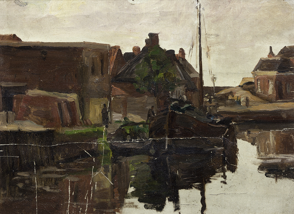 Zeilschuit aan kade met gehouwen (studie)